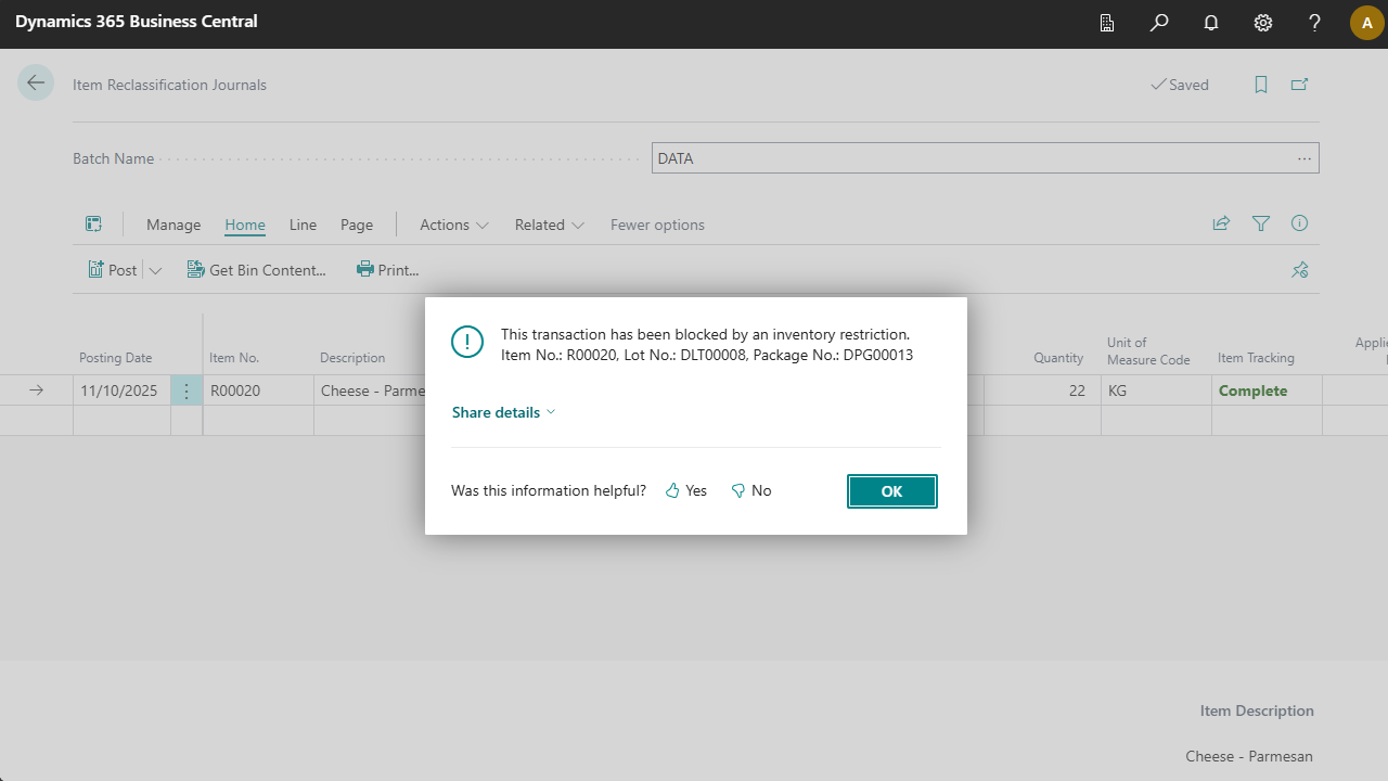 Error for posting bin movement