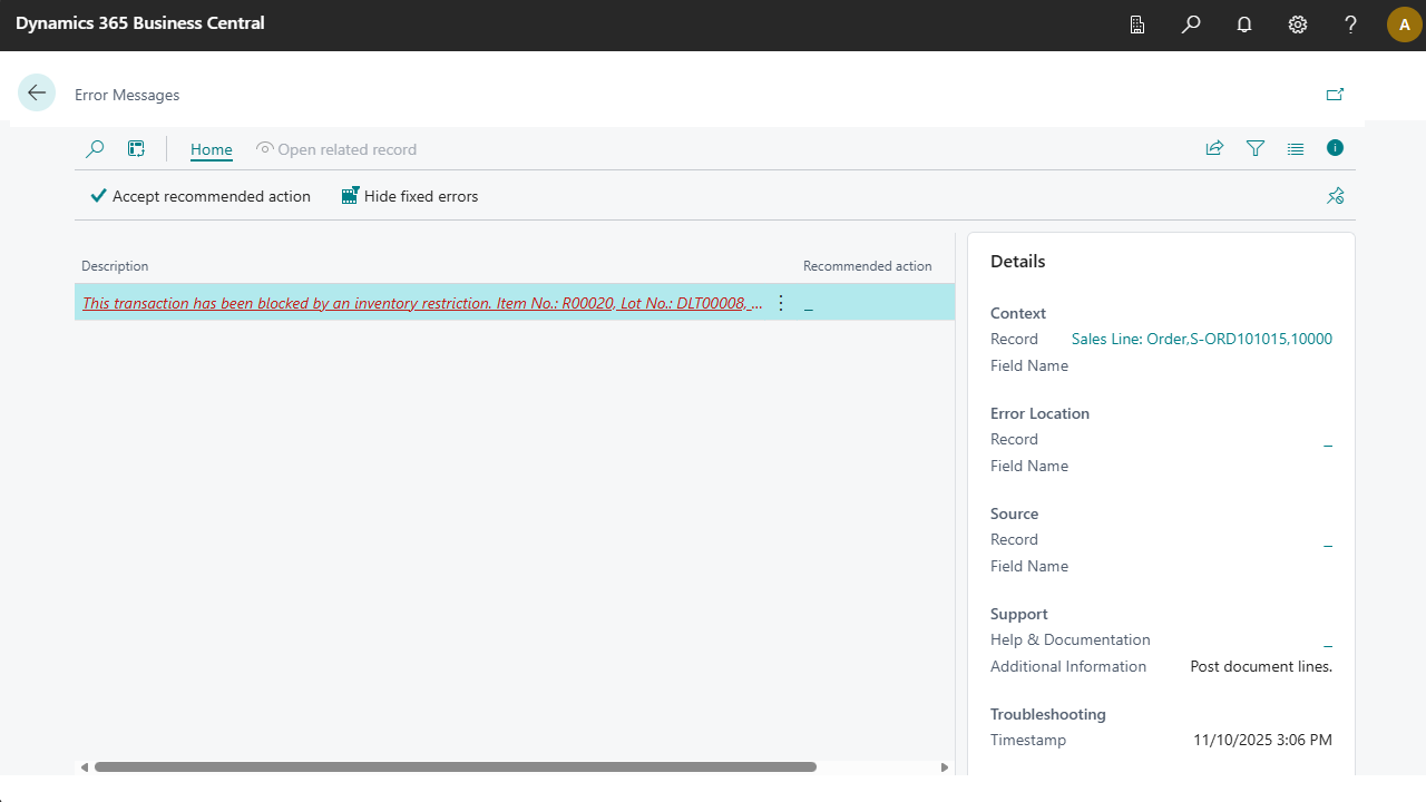 Error for posting a shipment