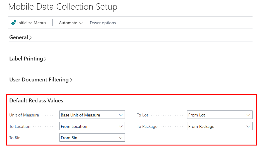 Default Reclass Values fields on Mobile Data Collection Setup page