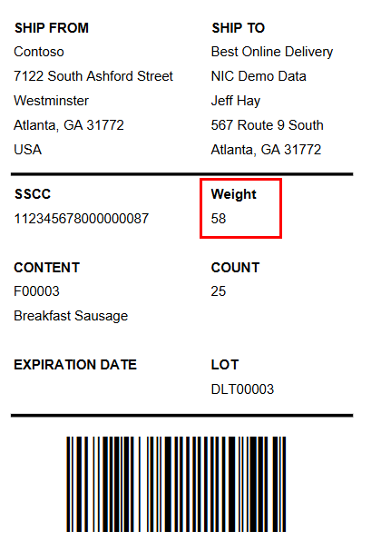Weight field on Serial Shipping Container Codes label